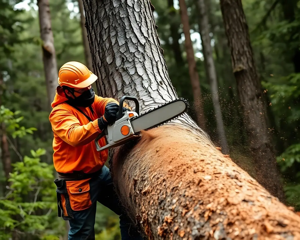 Bûcheron casqué et masqué, en veste orange, qui enfonce le guide de sa tronçonneuse dans le tronc d’un grand arbre, en forêt ; la sciure jaillit de la coupe.