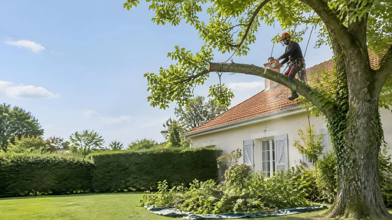 Élagueur encordé dans un grand arbre, coupant à la tronçonneuse une branche qui s’avance au-dessus du toit d’une maison ; les branches coupées tombent sur une bâche étendue au pied.