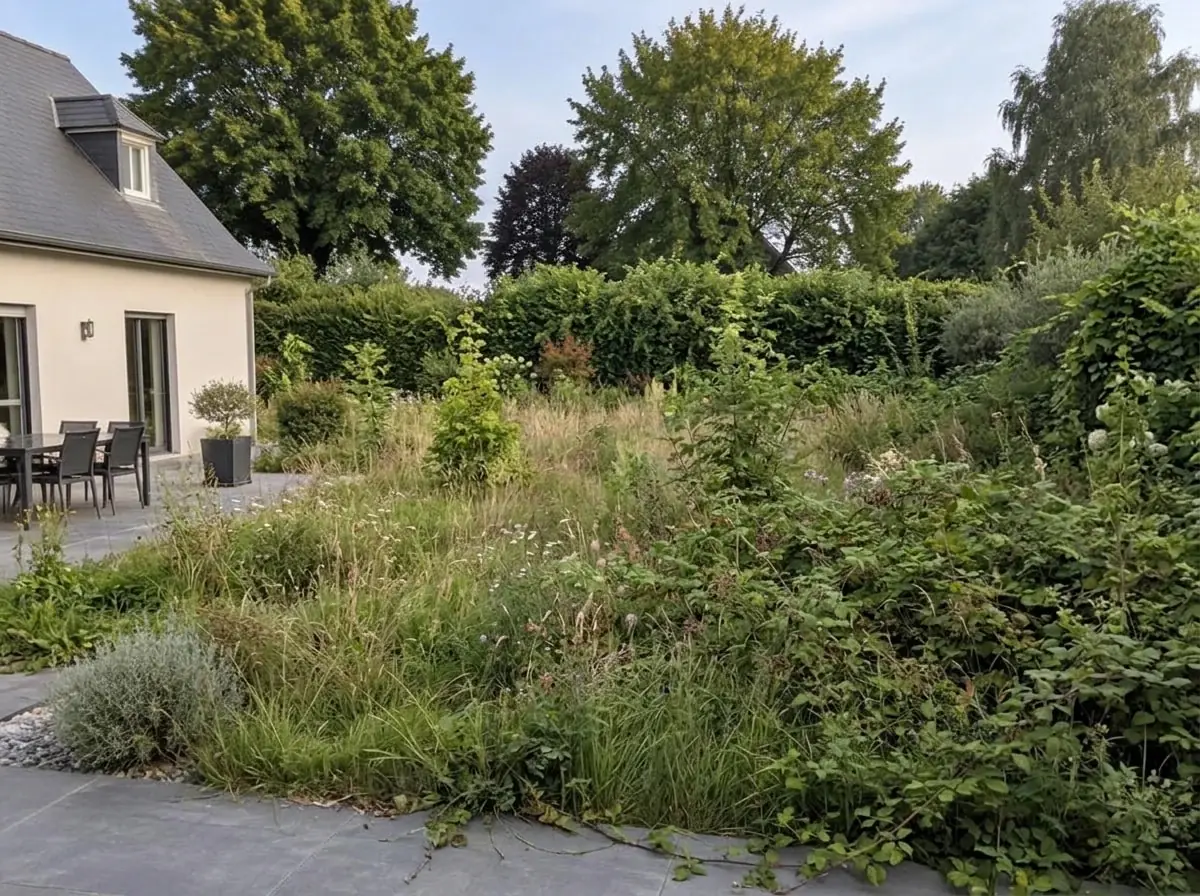 Jardin d’une maison envahi de hautes herbes, de ronces et d’arbustes jusqu’au bord de la terrasse dallée ; haie et grands arbres au fond.