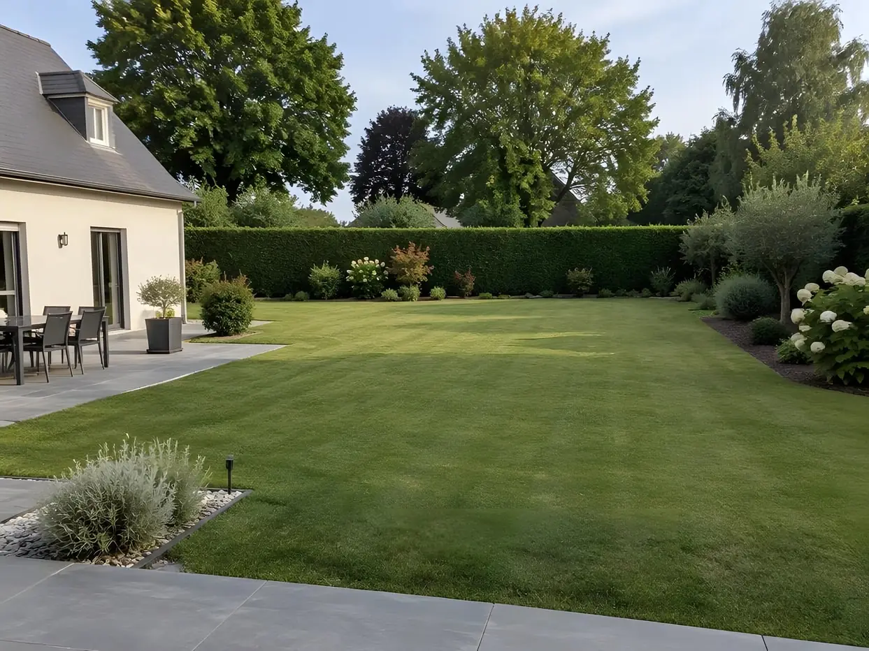 Le même jardin remis au propre : pelouse rase jusqu’à la haie taillée au fond, massifs dégagés, hortensias blancs en fleur.