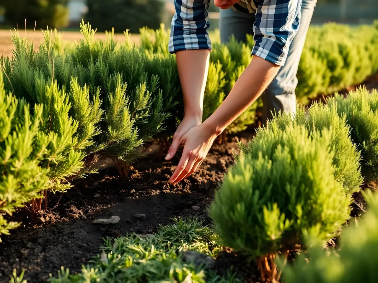 Jardinier accroupi qui raffermit du plat de la main la terre brune autour de jeunes conifères plantés en ligne.